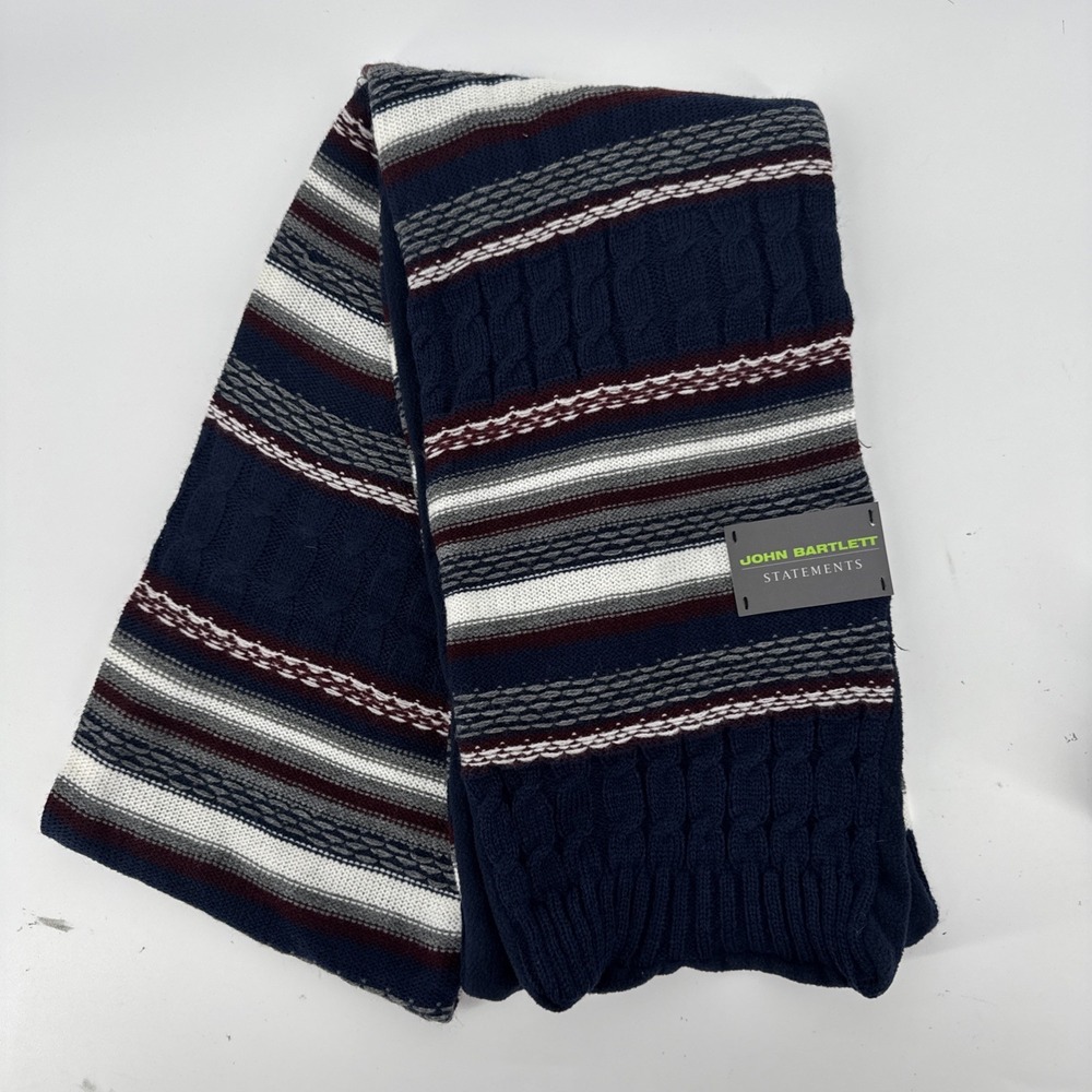 John Bartlett Statements Knit Scarf NWT 68 Inches Reversible blue gray maroon‎